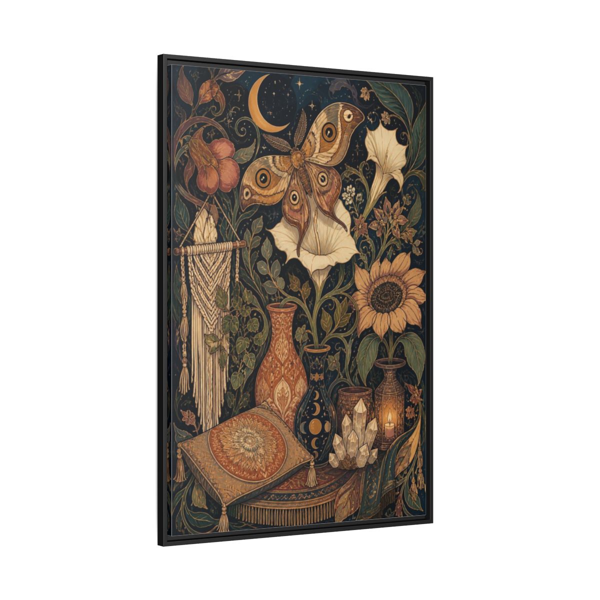 Side Mockup 12. Boho Moth Moon Garden shown as framed canvas print
