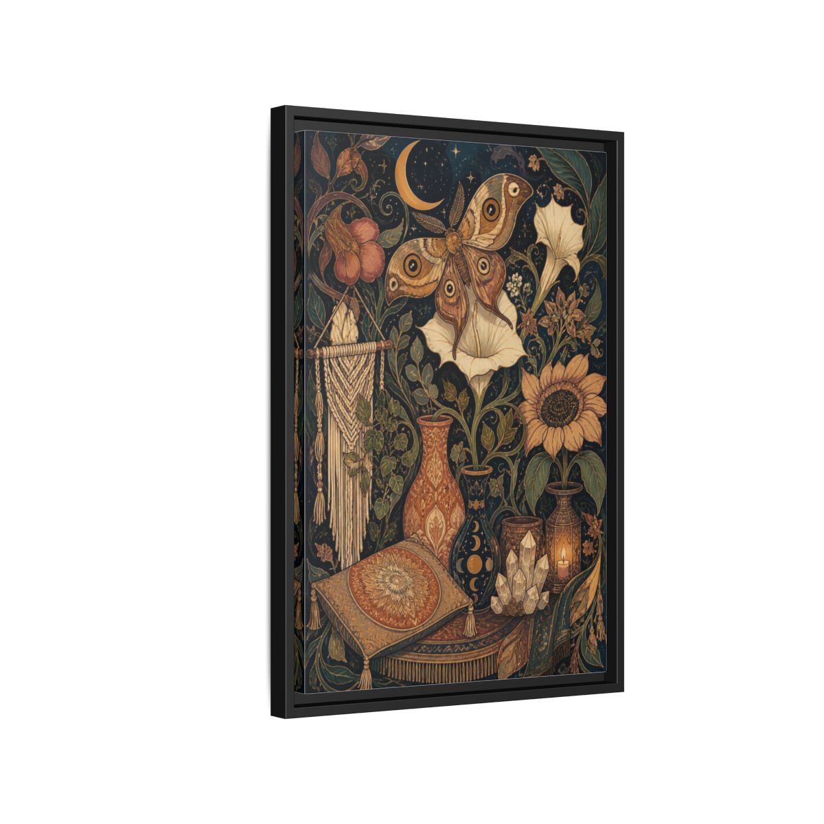 Side Mockup 3. Boho Moth Moon Garden shown as framed canvas print