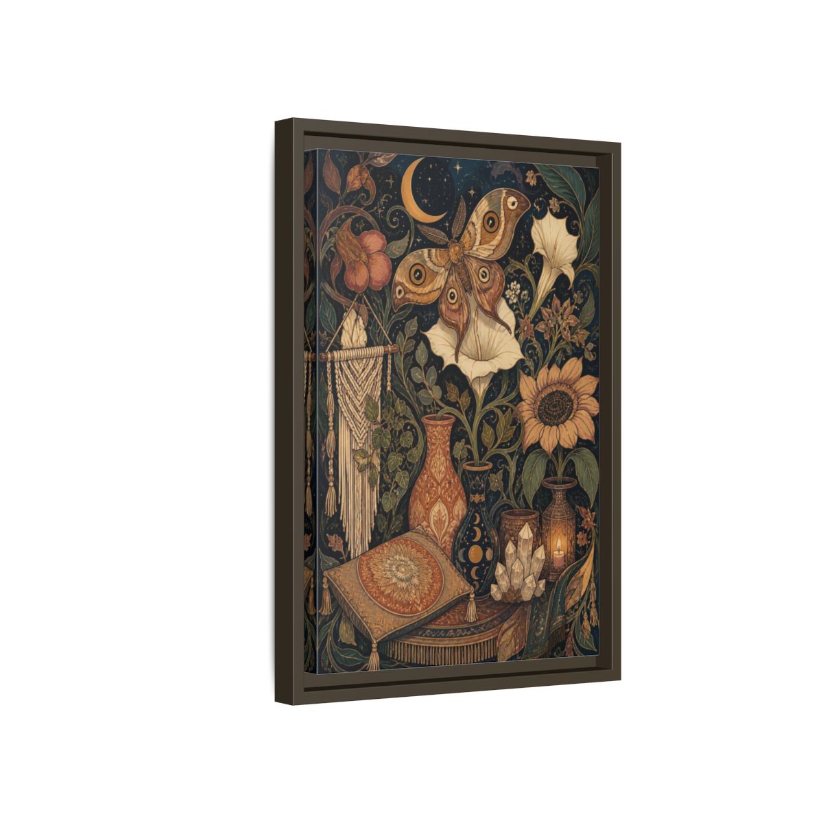 Side Mockup 5. Boho Moth Moon Garden shown as framed canvas print