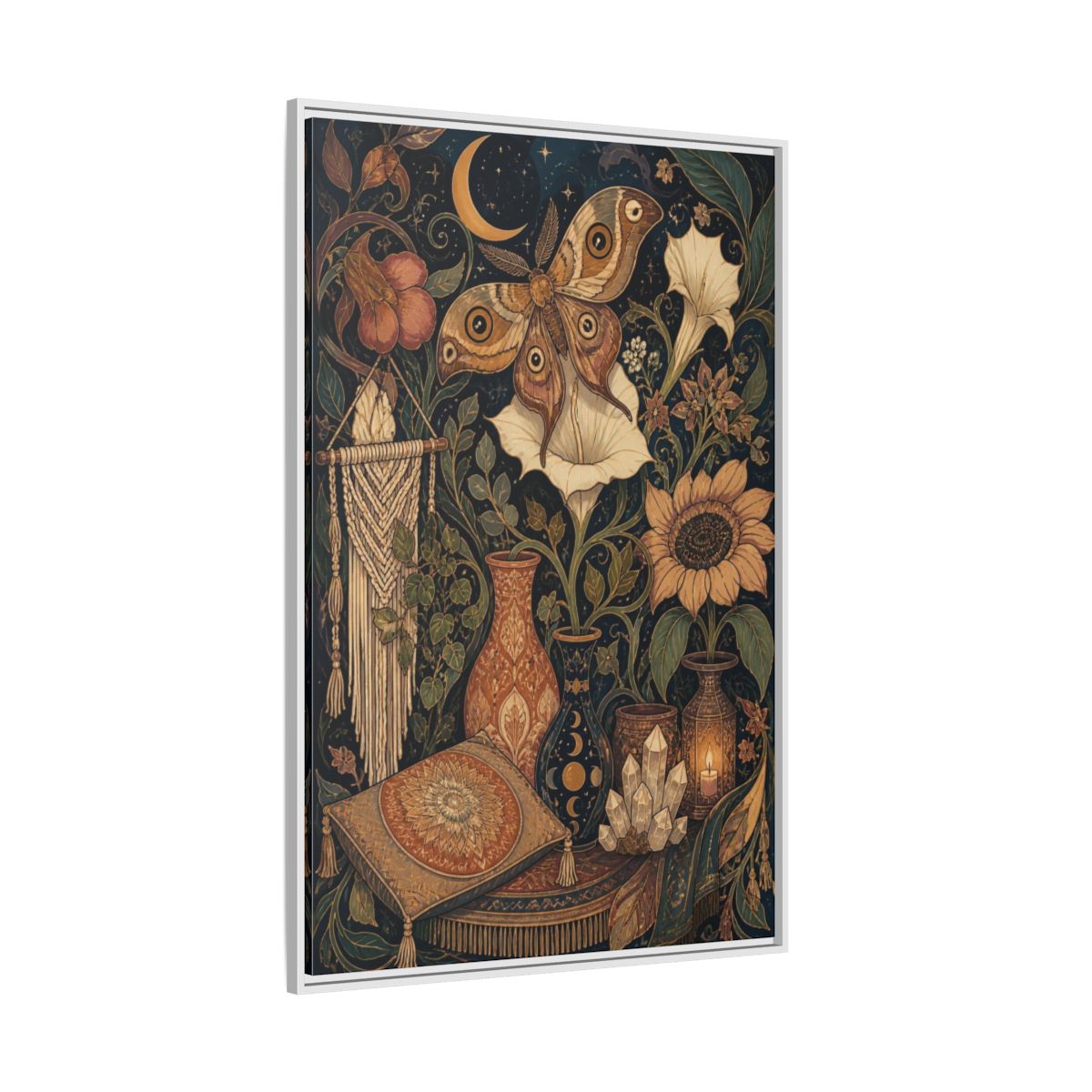 Side Mockup 7. Boho Moth Moon Garden shown as framed canvas print