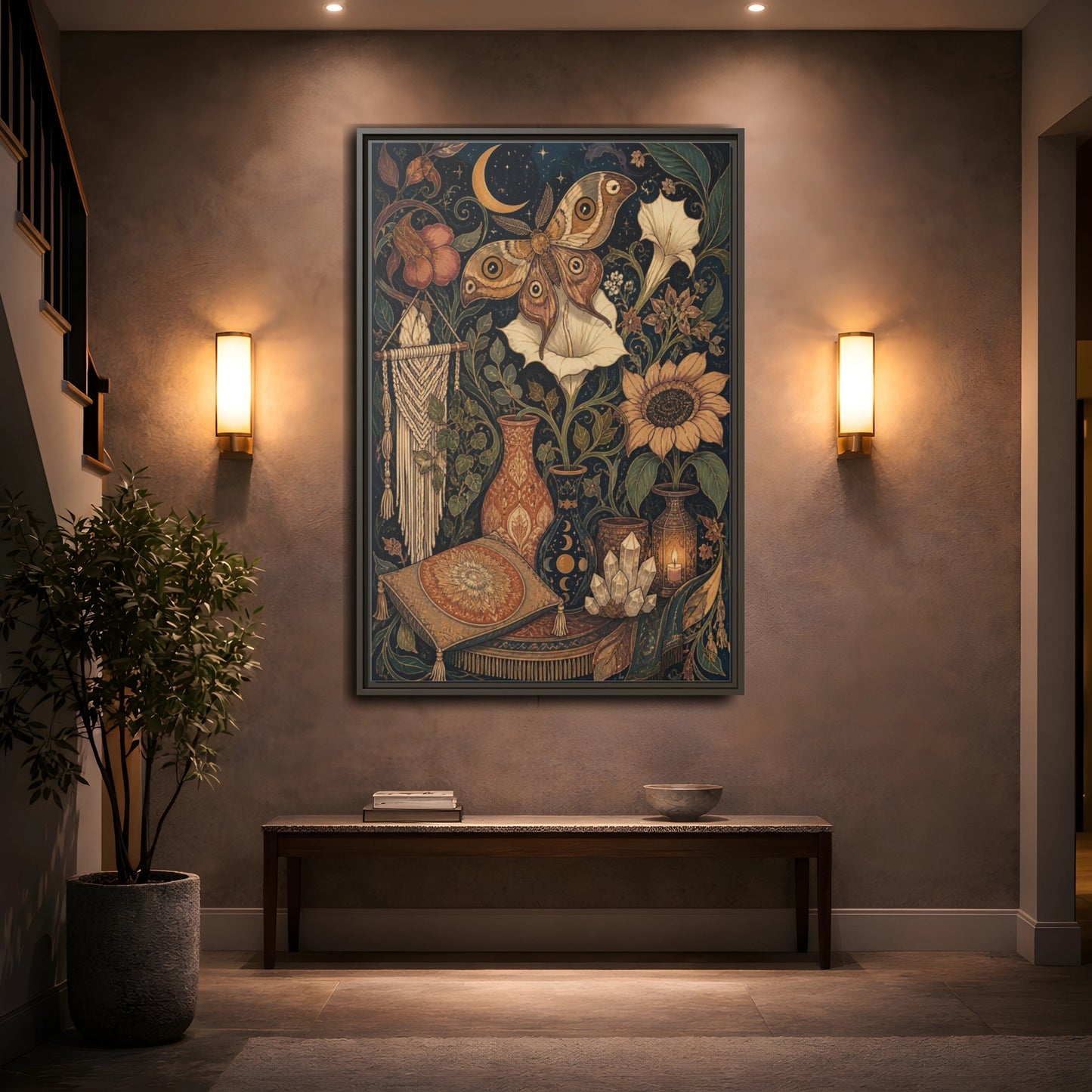 Mockup 2. Boho Moth Moon Garden shown as framed canvas print