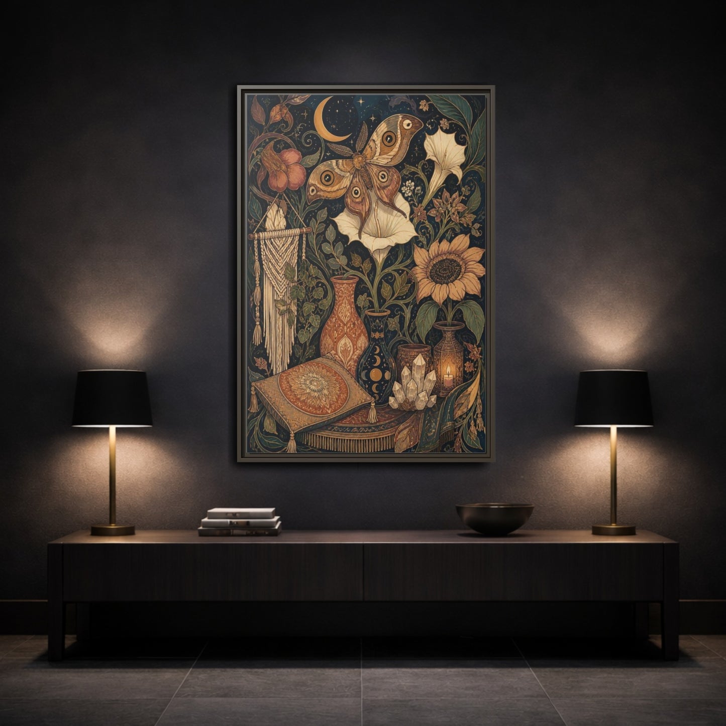 Mockup 3. Boho Moth Moon Garden shown as framed canvas print