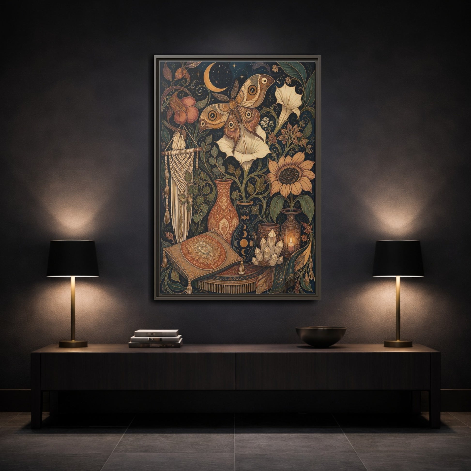 Mockup 3. Boho Moth Moon Garden shown as framed canvas print