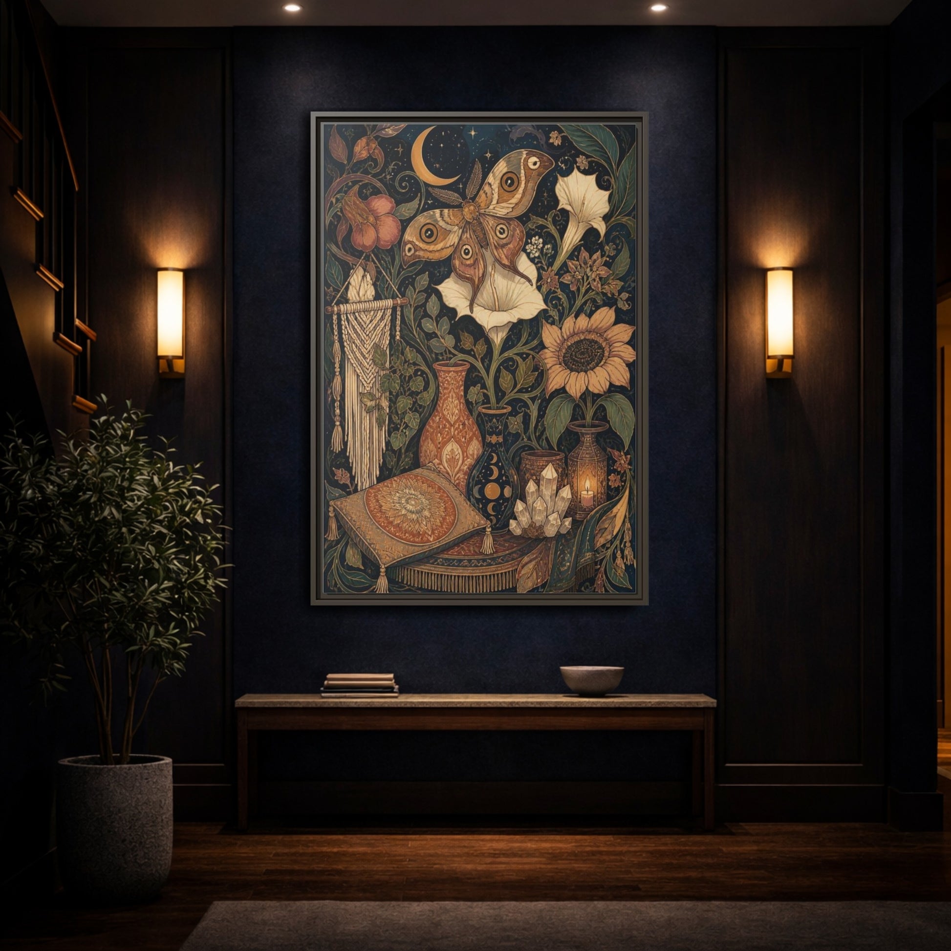 Mockup 4. Boho Moth Moon Garden shown as framed canvas print