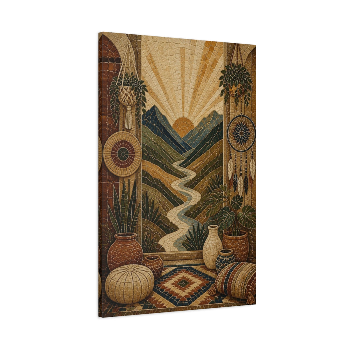 Main Mockup. Boho Mountain Valley Mosaic shown as canvas print