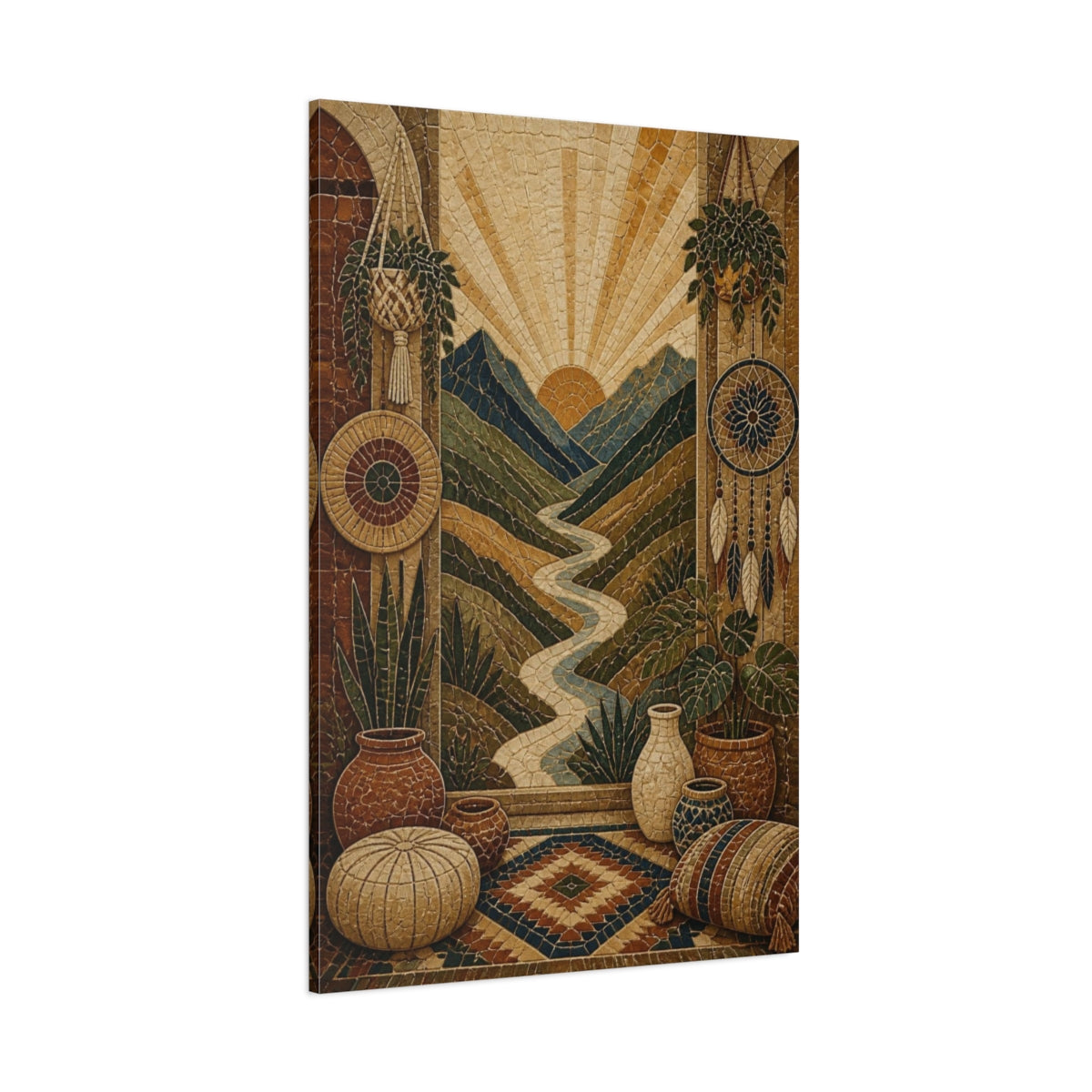 Side Mockup 1. Boho Mountain Valley Mosaic shown as canvas print