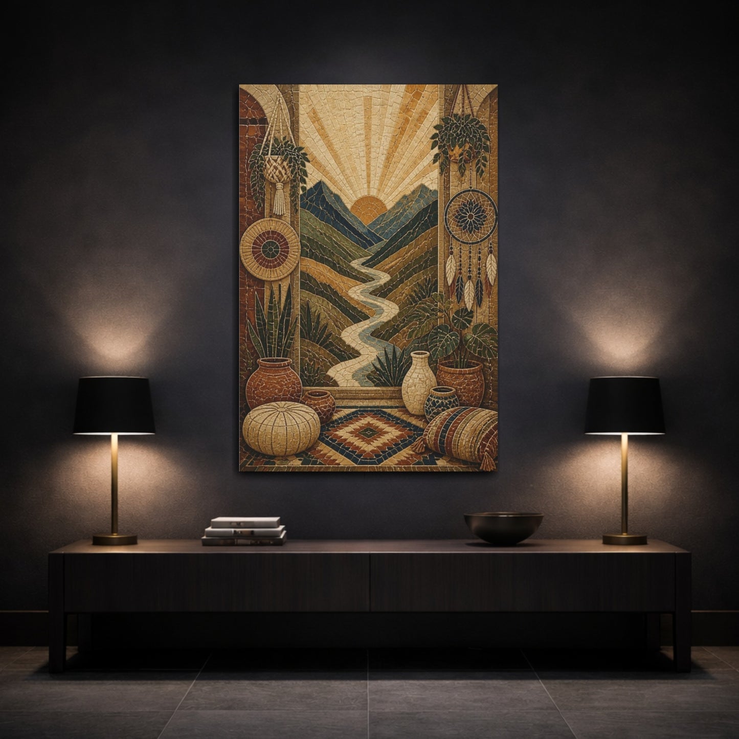 Mockup 3. Boho Mountain Valley Mosaic shown as canvas print