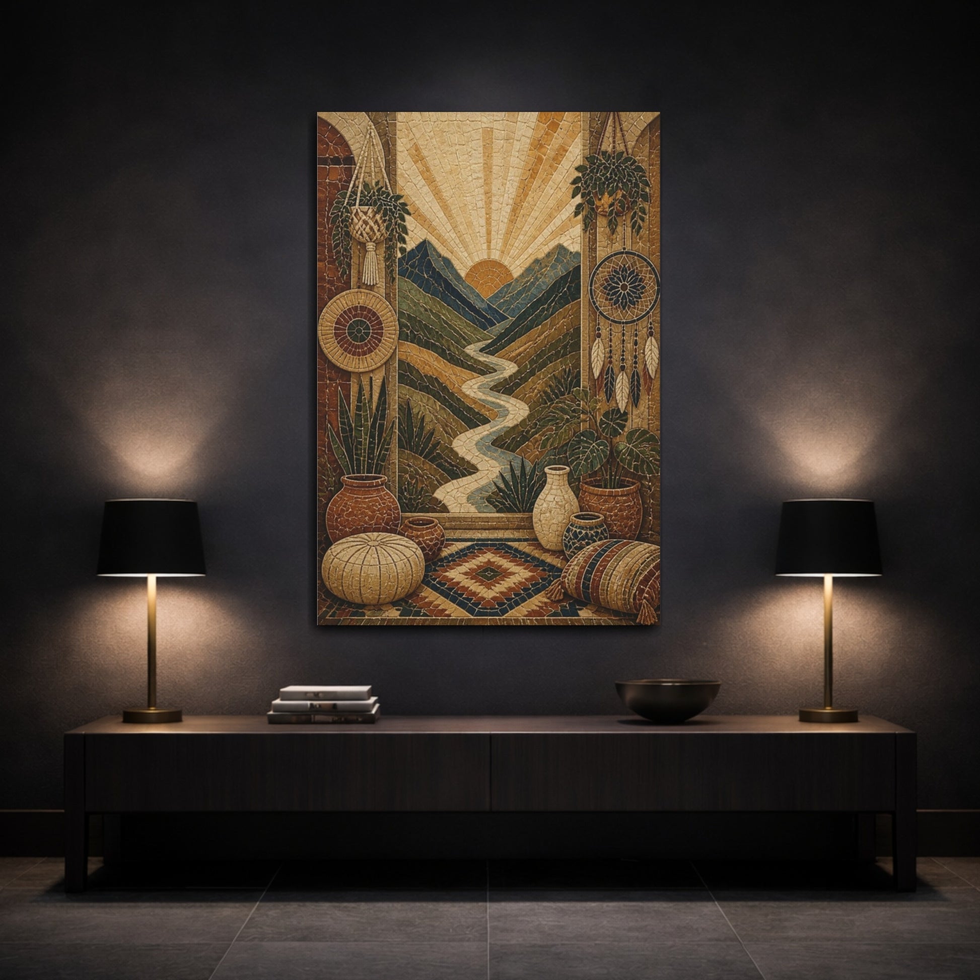 Mockup 3. Boho Mountain Valley Mosaic shown as canvas print