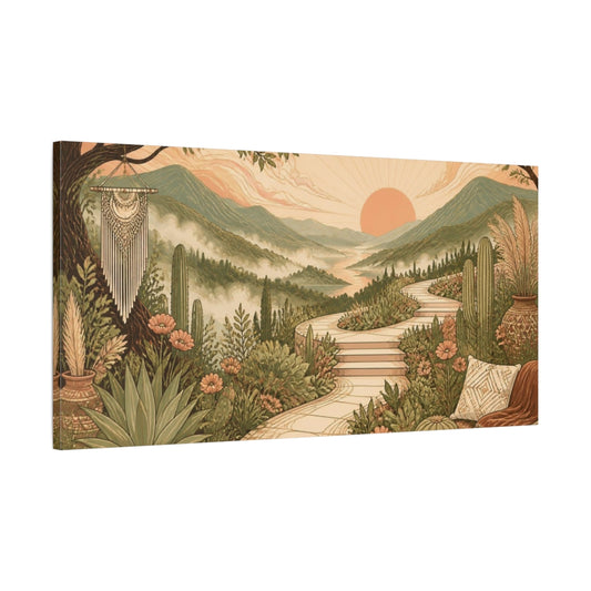 Main Mockup. Boho Mountain Valley Sunrise shown as canvas print