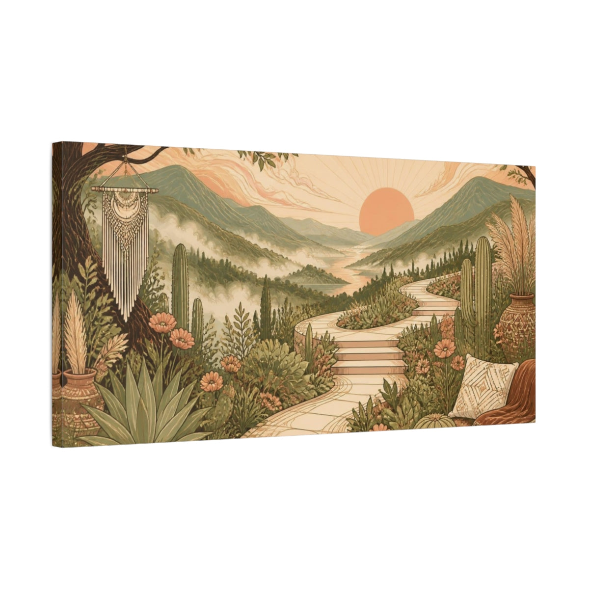 Side Mockup 1. Boho Mountain Valley Sunrise shown as canvas print