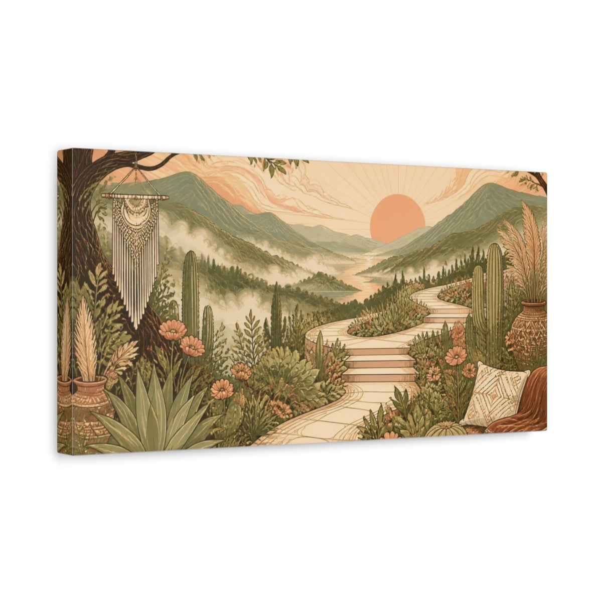 Side Mockup 3. Boho Mountain Valley Sunrise shown as canvas print