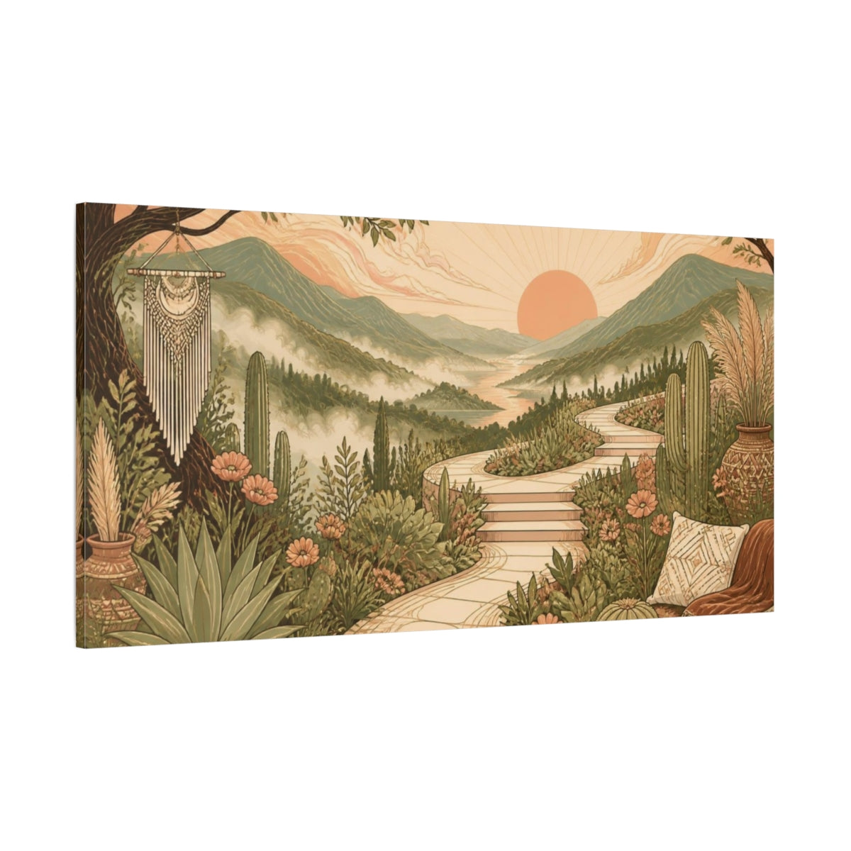 Side Mockup 2. Boho Mountain Valley Sunrise shown as canvas print