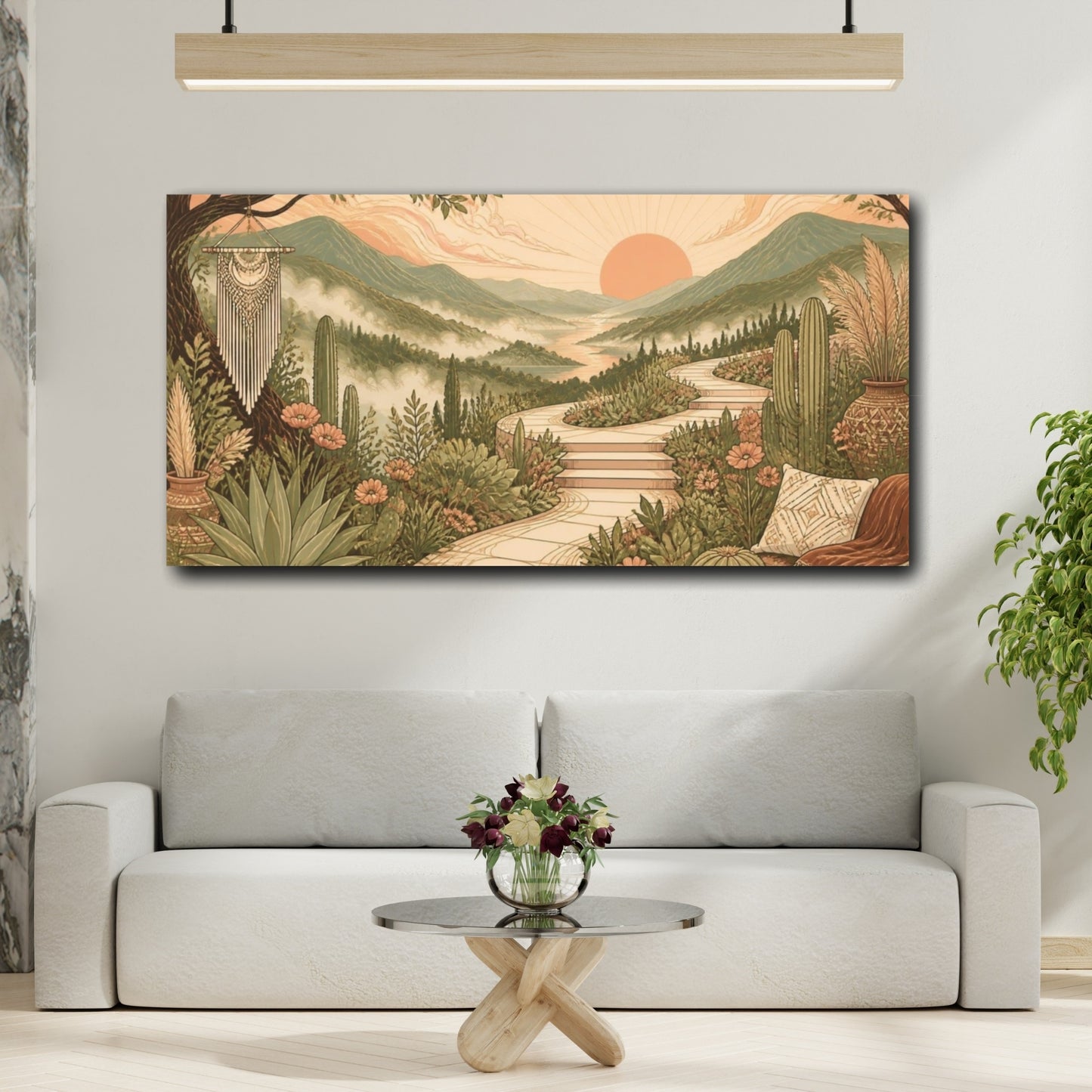 Mockup 2. Boho Mountain Valley Sunrise shown as canvas print