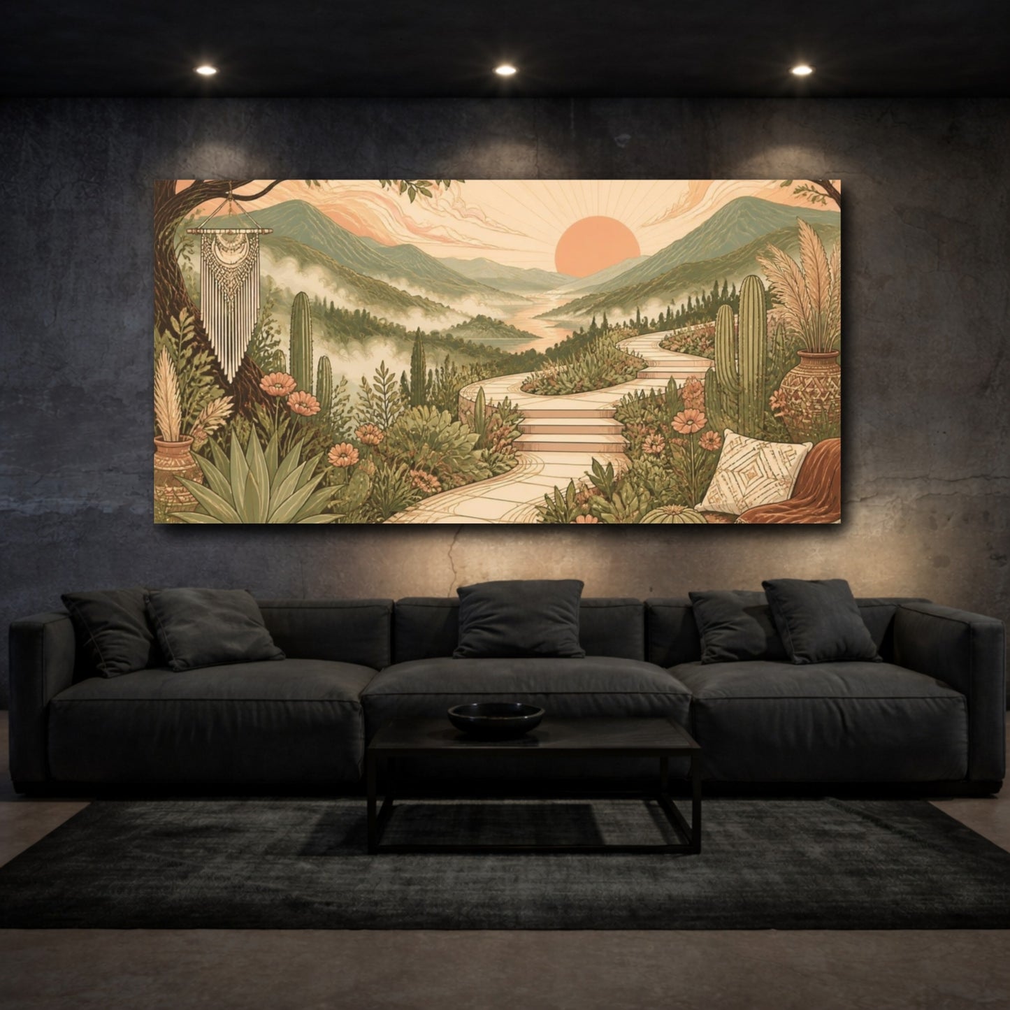 Mockup 3. Boho Mountain Valley Sunrise shown as canvas print