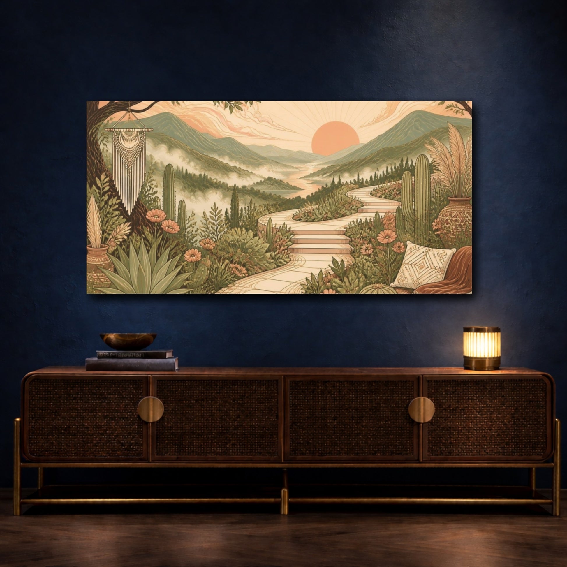 Mockup 4. Boho Mountain Valley Sunrise shown as canvas print