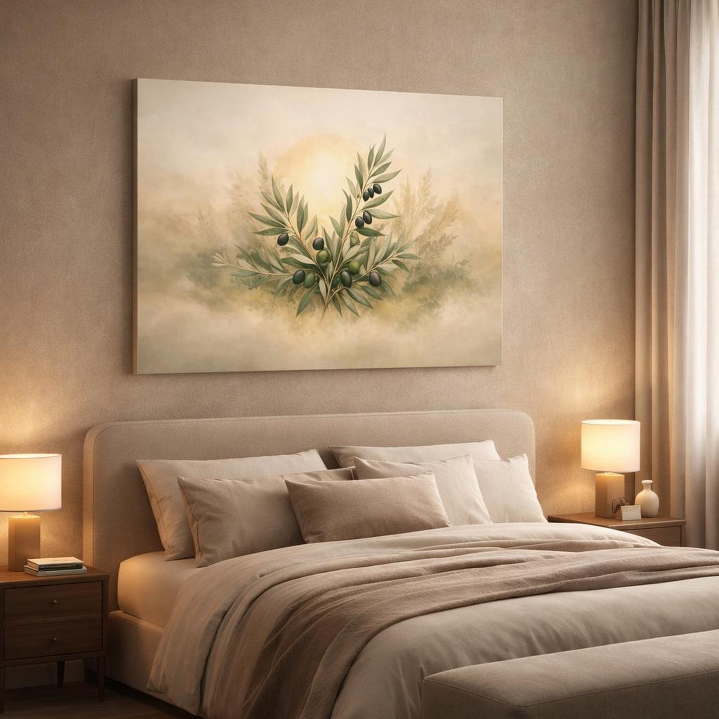 Boho Olive Branch shown as canvas wall art in a luxury bedroom