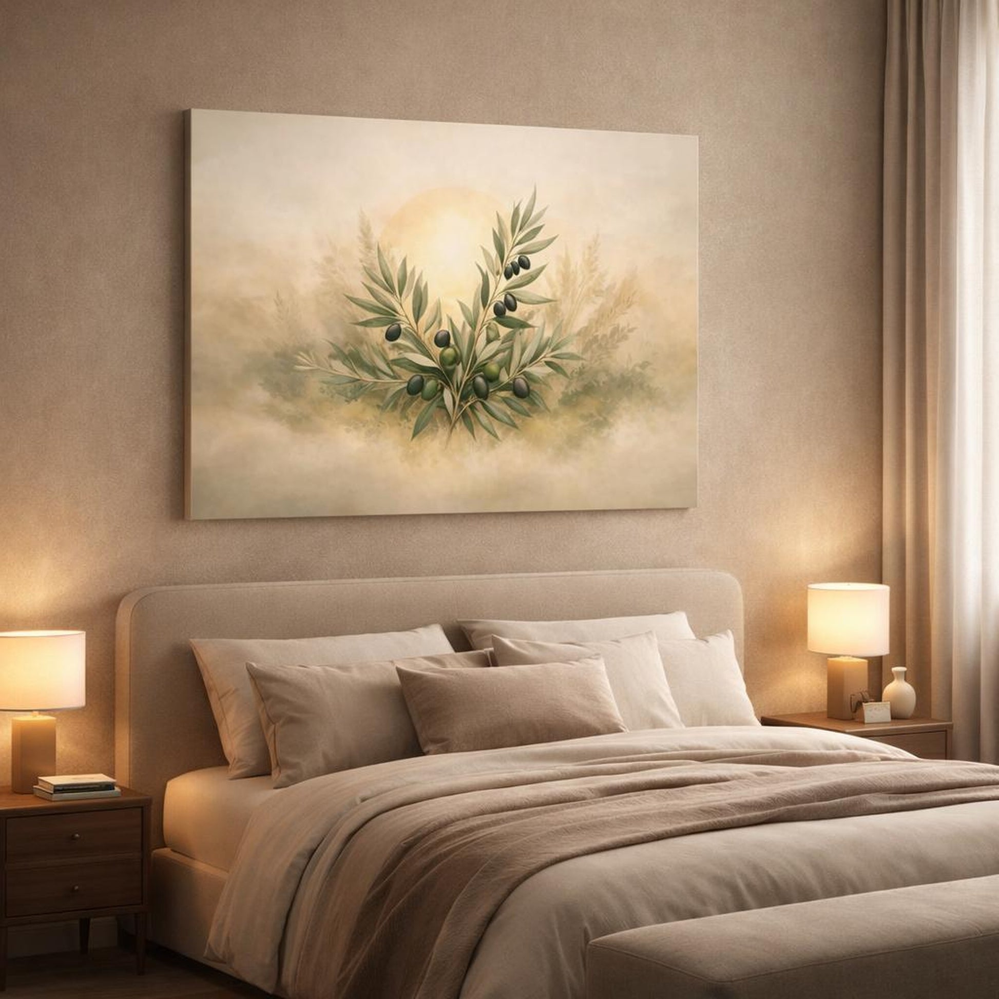 Boho Olive Branch shown as canvas wall art in a luxury bedroom