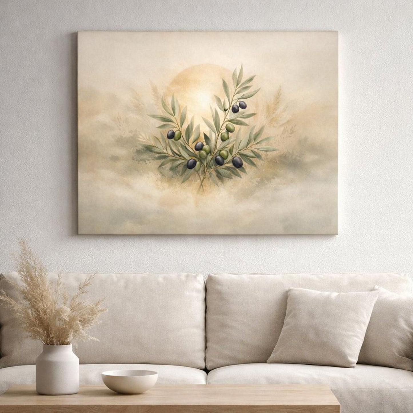 Boho Olive Branch shown as canvas wall art in a luxury executive office
