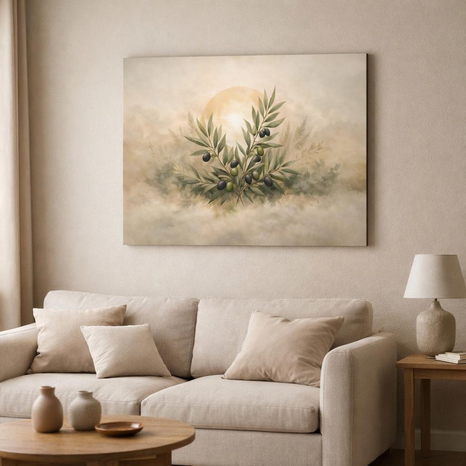 Boho Olive Branch shown as canvas wall art in a modern living room