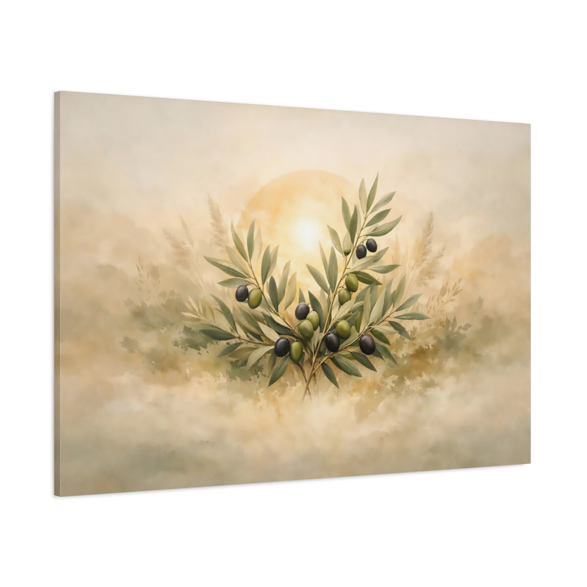 Boho Olive Branch shown as stretched canvas wall art