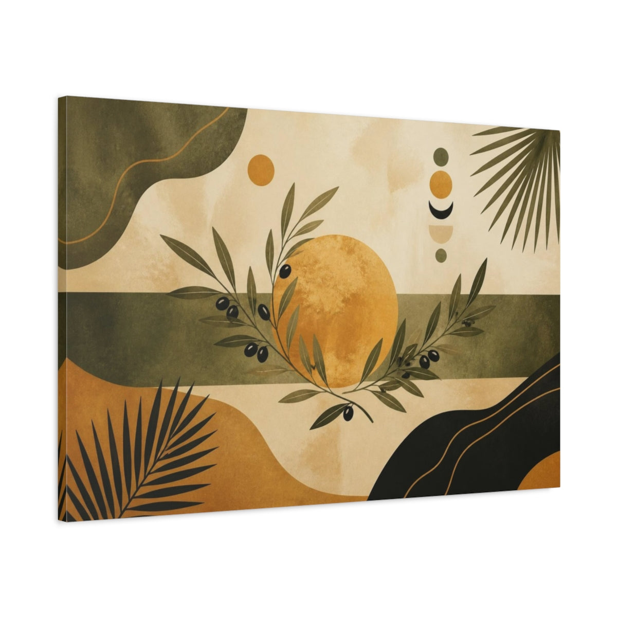 Main Mockup. Boho Olive Branch Sun shown as canvas print