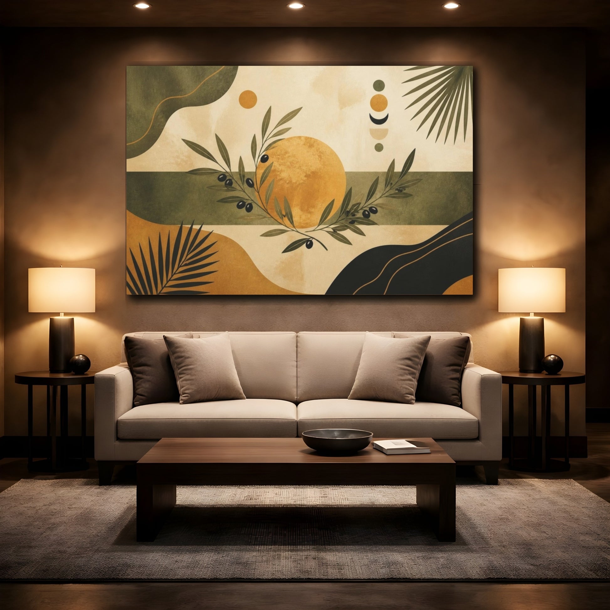 Mockup 2. Boho Olive Branch Sun shown as canvas print