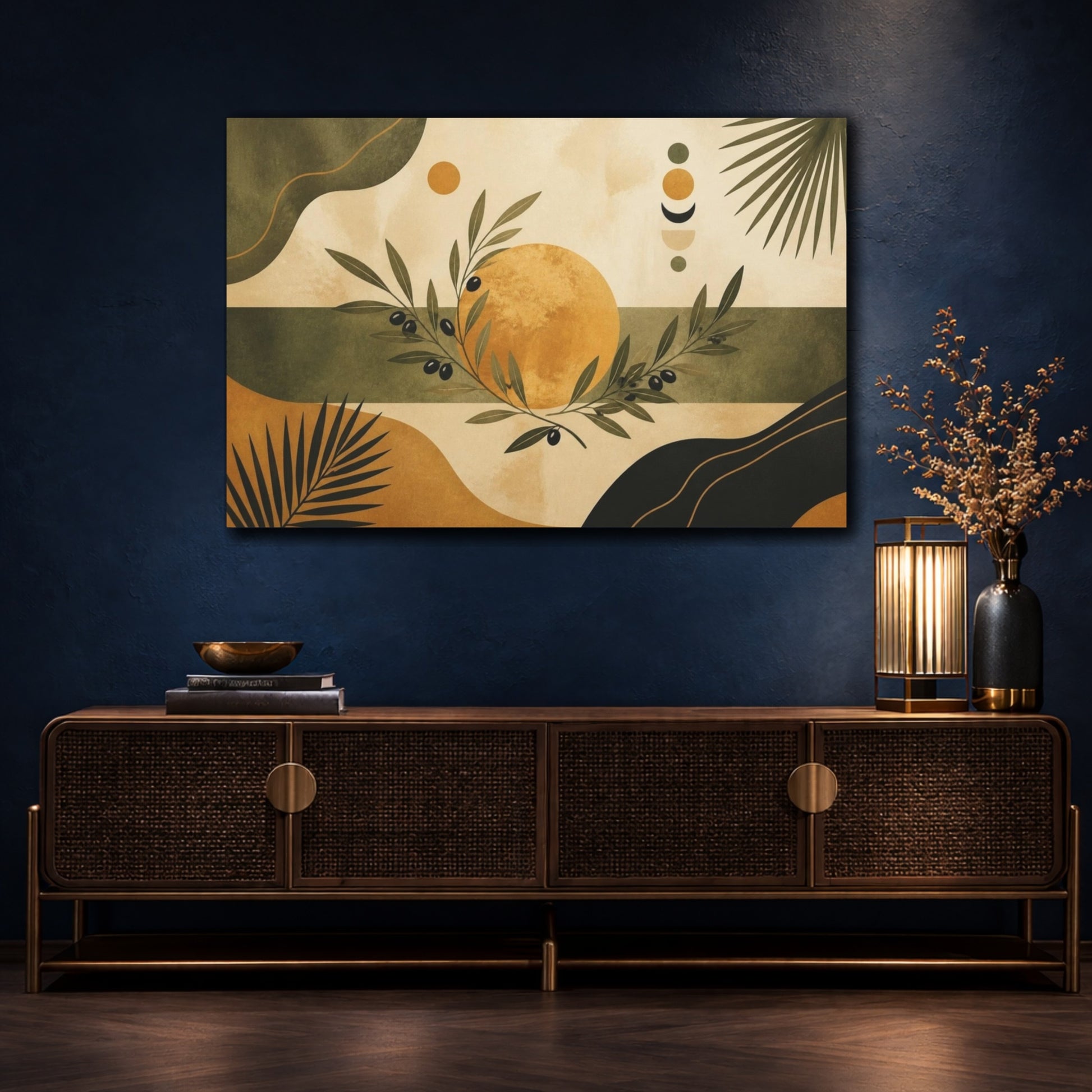Mockup 4. Boho Olive Branch Sun shown as canvas print
