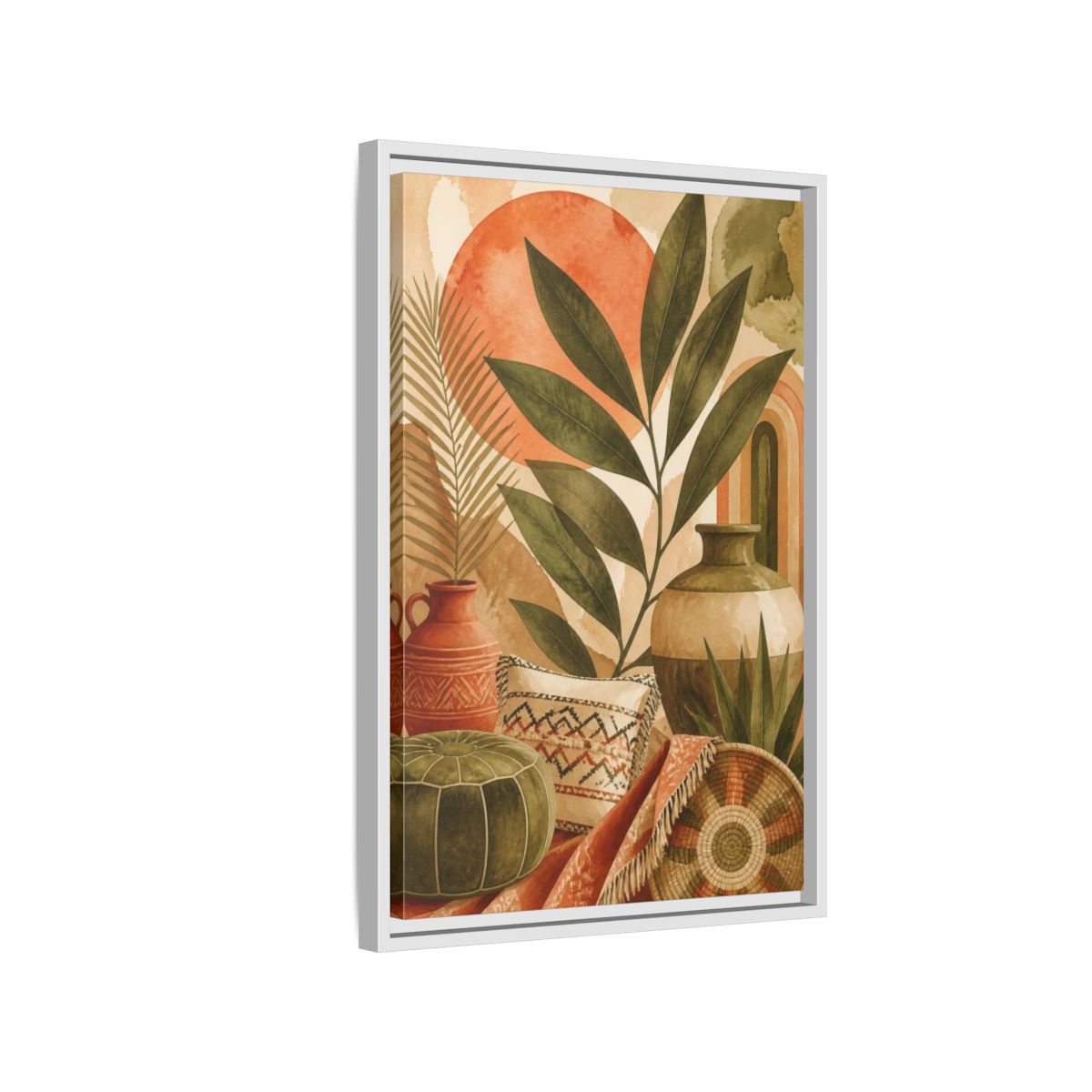 Side Mockup 1. Boho Olive Leaf Still Life shown as framed canvas print