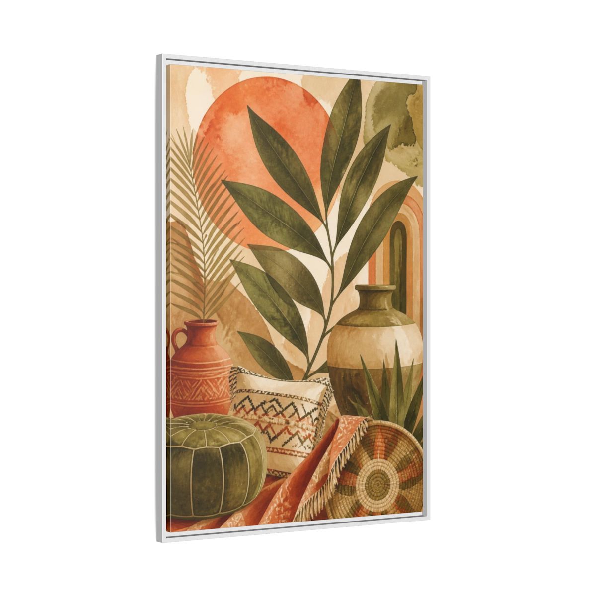 Side Mockup 7. Boho Olive Leaf Still Life shown as framed canvas print