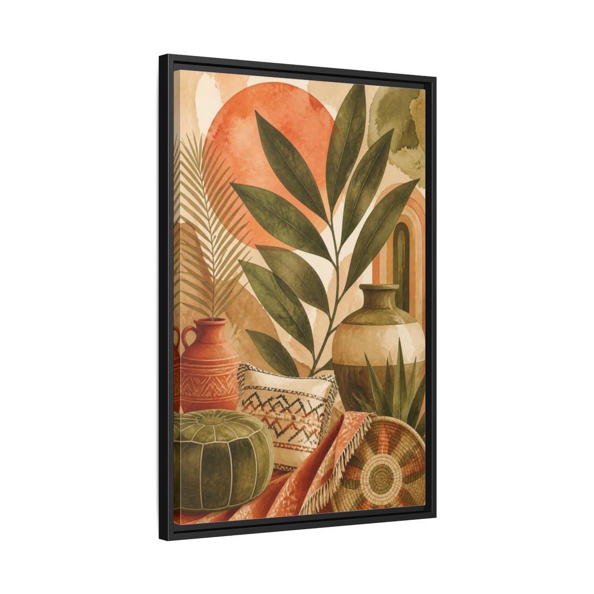 Side Mockup 14. Boho Olive Leaf Still Life shown as framed canvas print