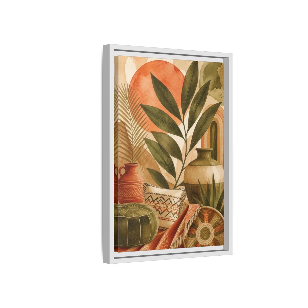 Side Mockup 4. Boho Olive Leaf Still Life shown as framed canvas print