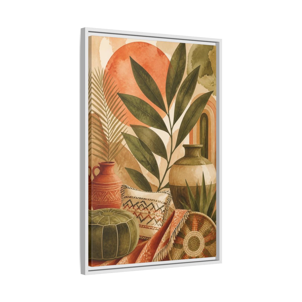 Side Mockup 10. Boho Olive Leaf Still Life shown as framed canvas print