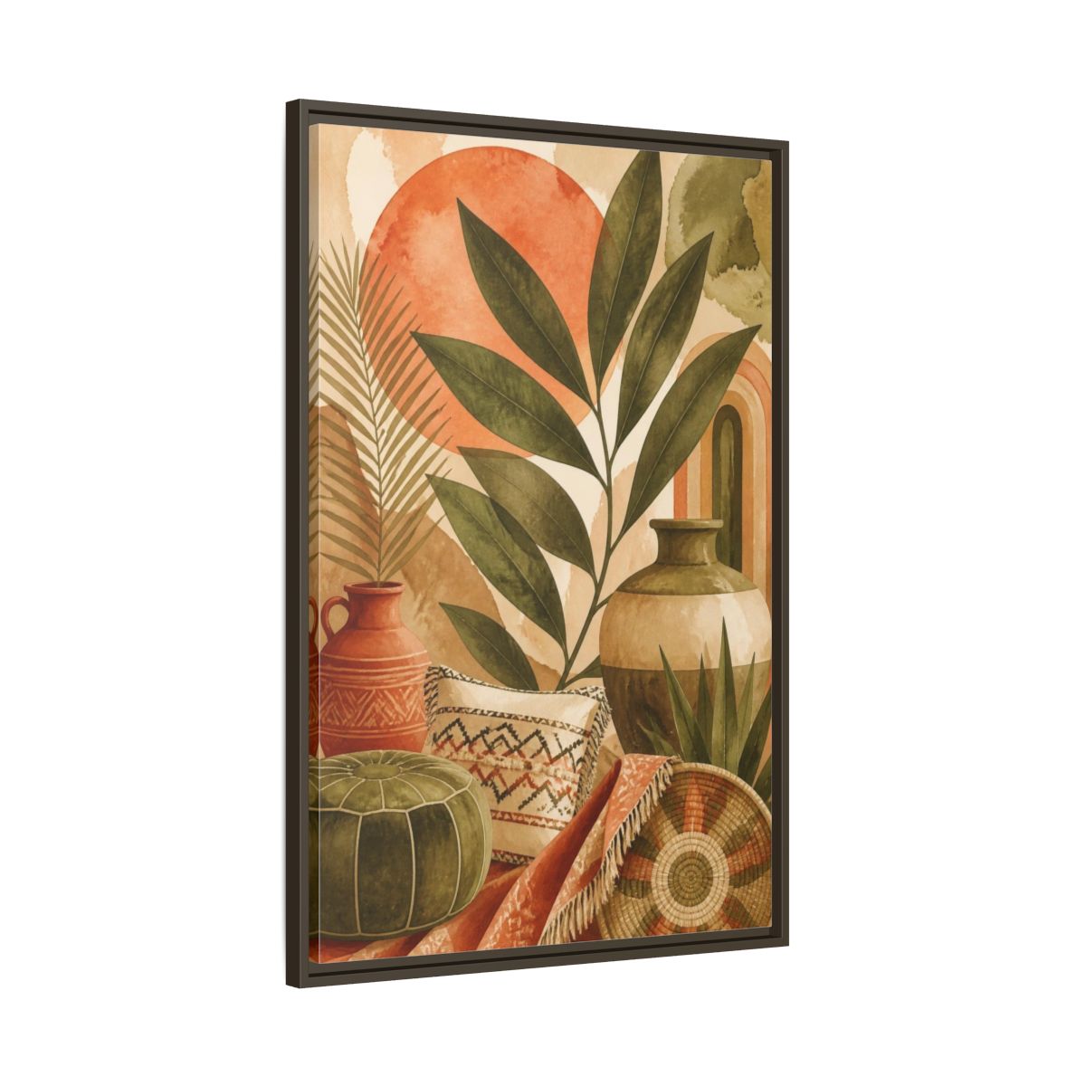 Main Mockup. Boho Olive Leaf Still Life shown as framed canvas print