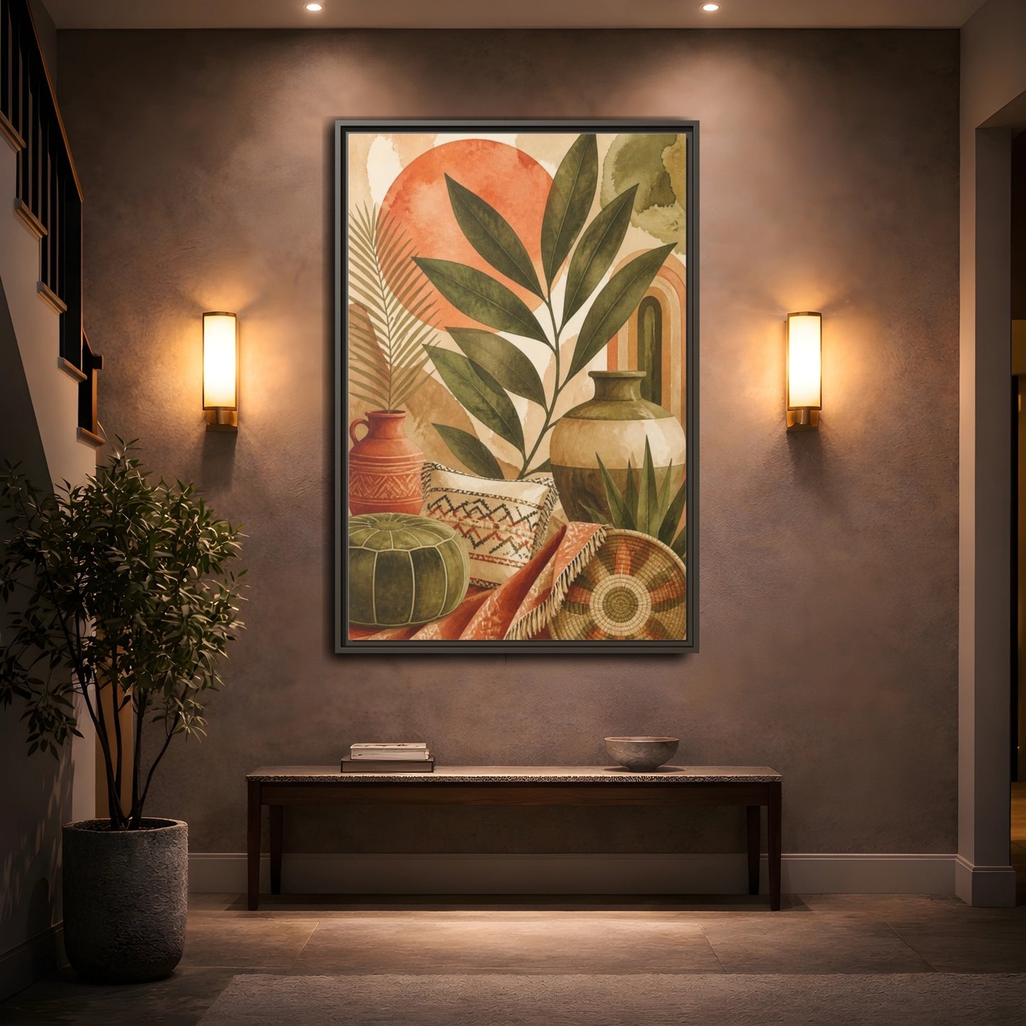 Mockup 2. Boho Olive Leaf Still Life shown as framed canvas print