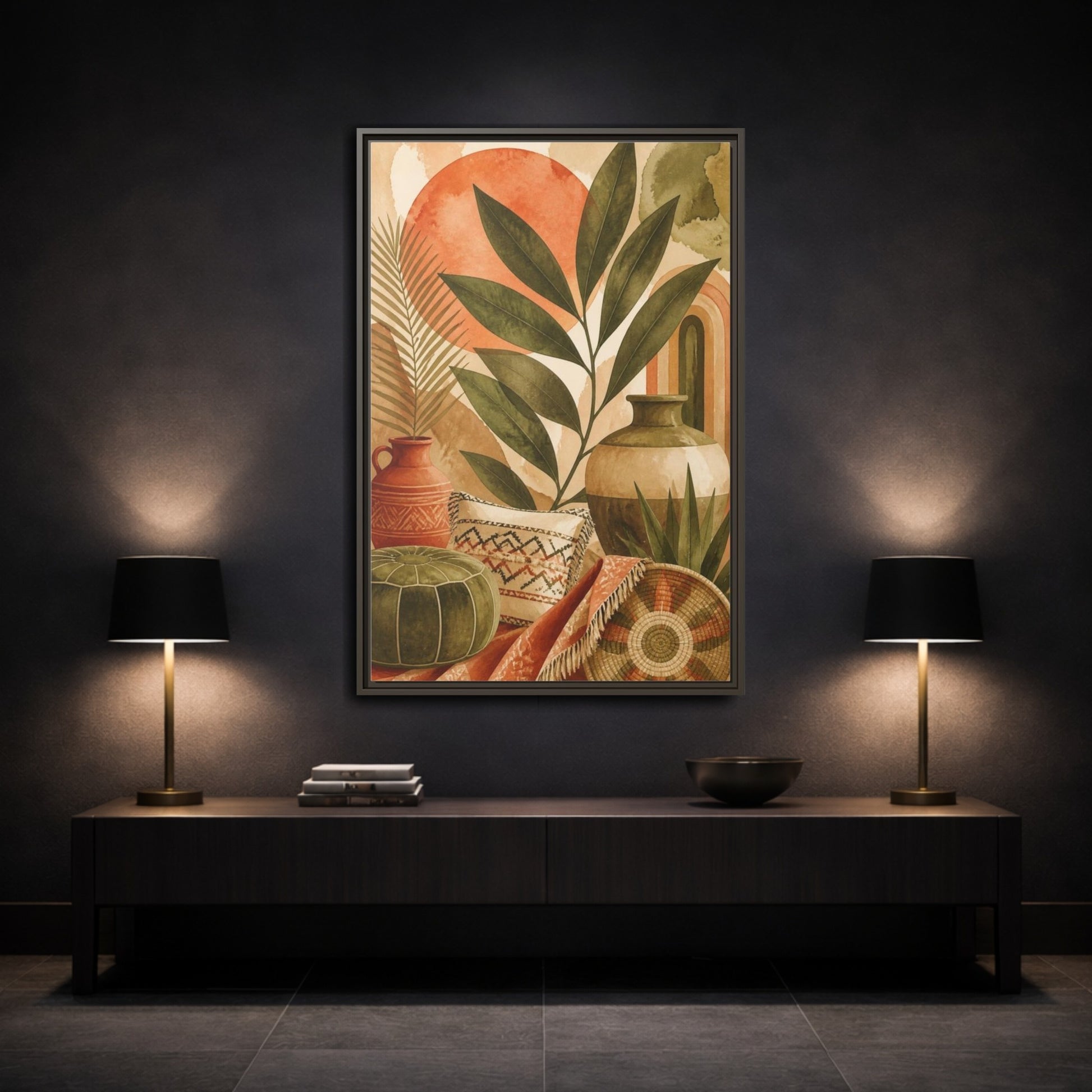 Mockup 3. Boho Olive Leaf Still Life shown as framed canvas print