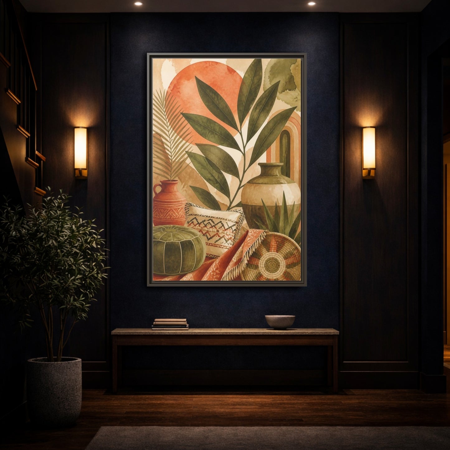Mockup 4. Boho Olive Leaf Still Life shown as framed canvas print