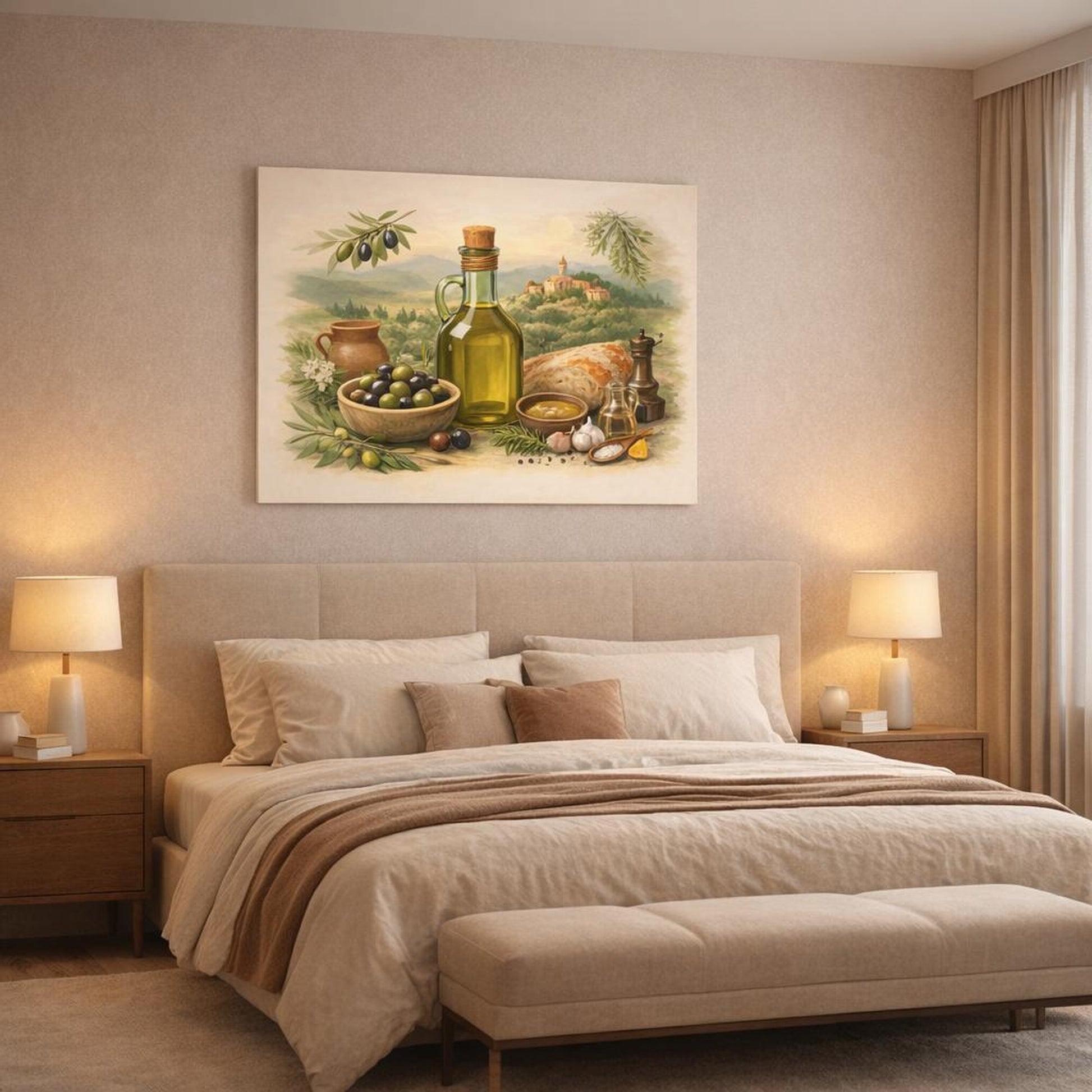 Boho Olive Oil shown as canvas wall art in a luxury bedroom