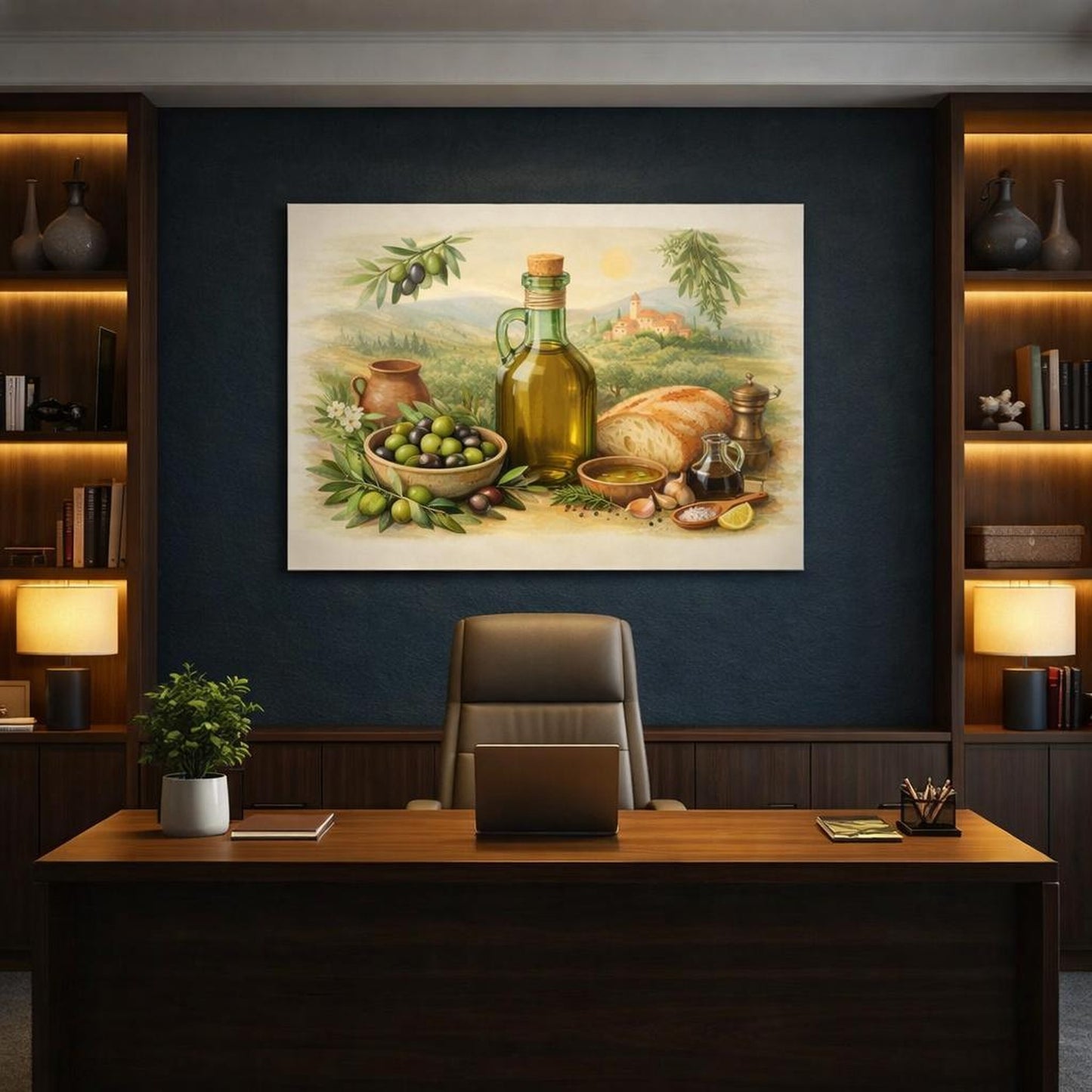 Boho Olive Oil shown as canvas wall art in a refined dining room