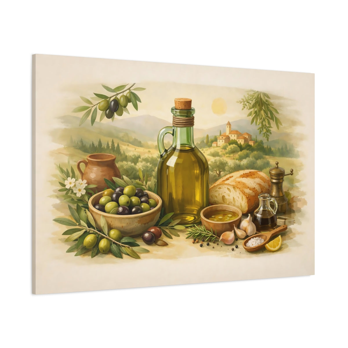 Boho Olive Oil shown as stretched canvas wall art