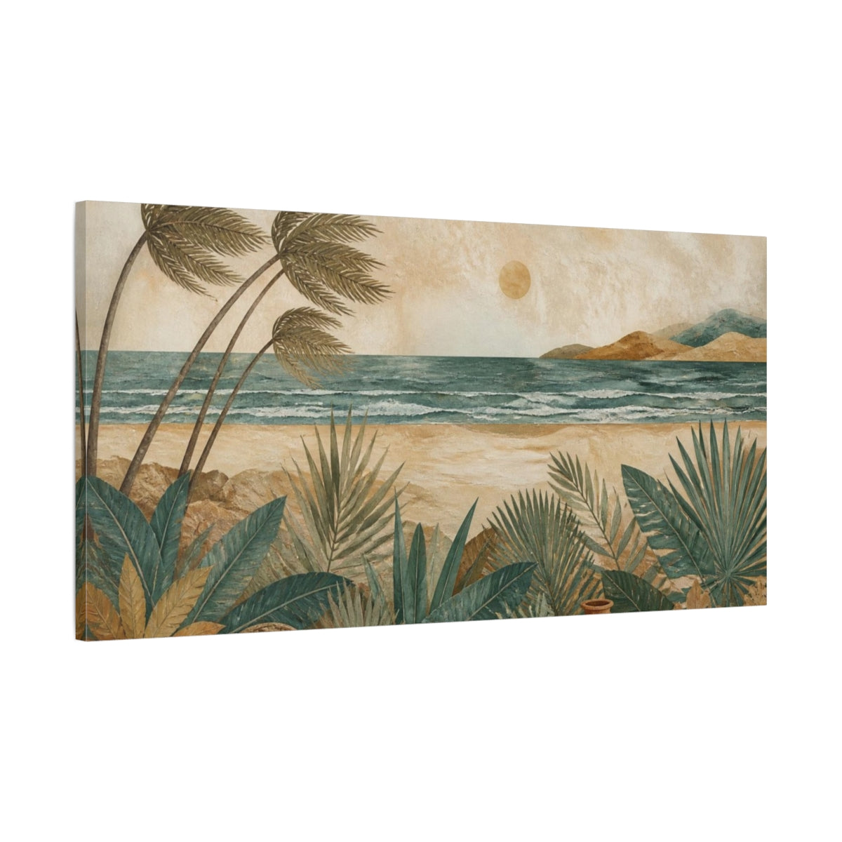 Main Mockup. Boho Palm Beach Vista shown as canvas print