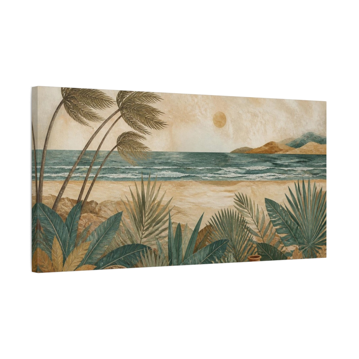 Side Mockup 1. Boho Palm Beach Vista shown as canvas print