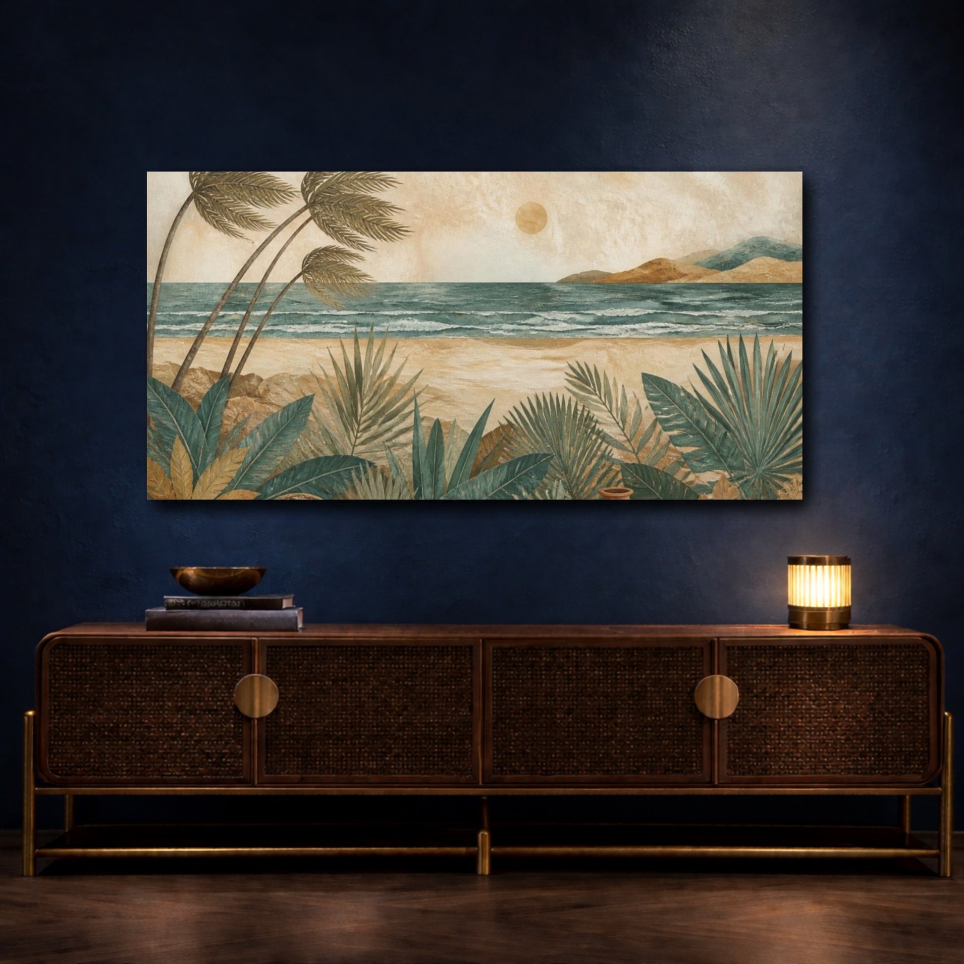 Mockup 4. Boho Palm Beach Vista shown as canvas print