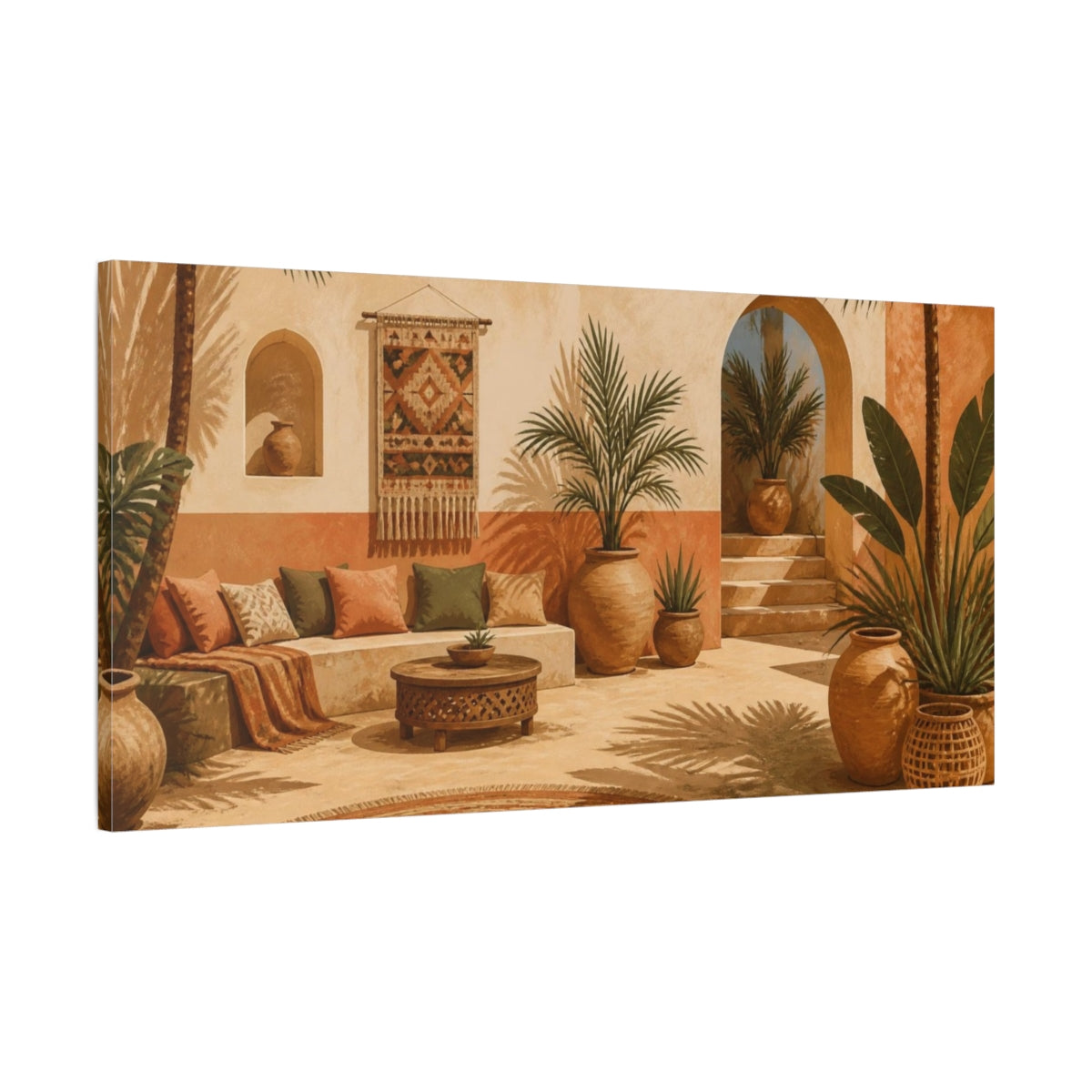 Main Mockup. Boho Palm Courtyard shown as canvas print