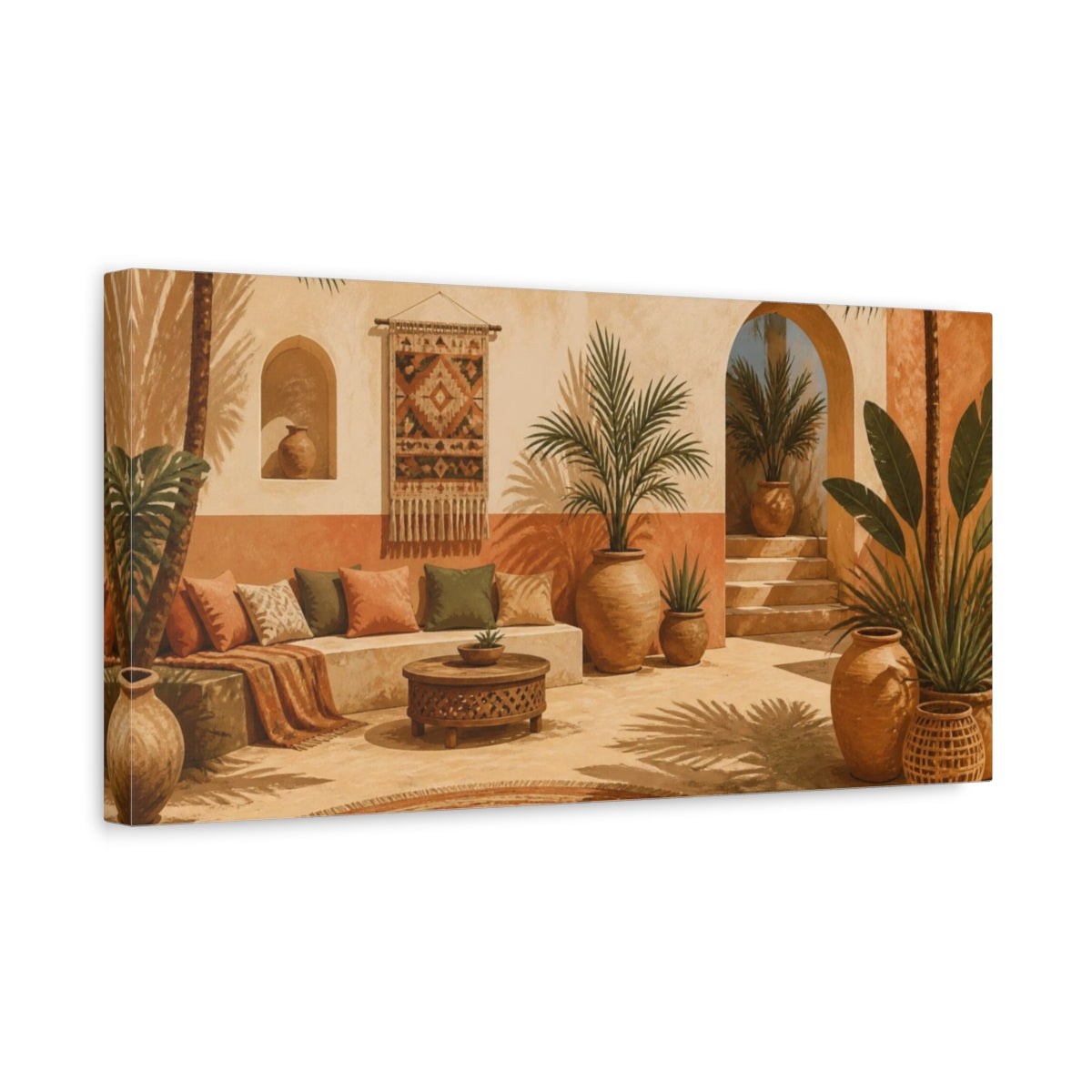 Side Mockup 3. Boho Palm Courtyard shown as canvas print