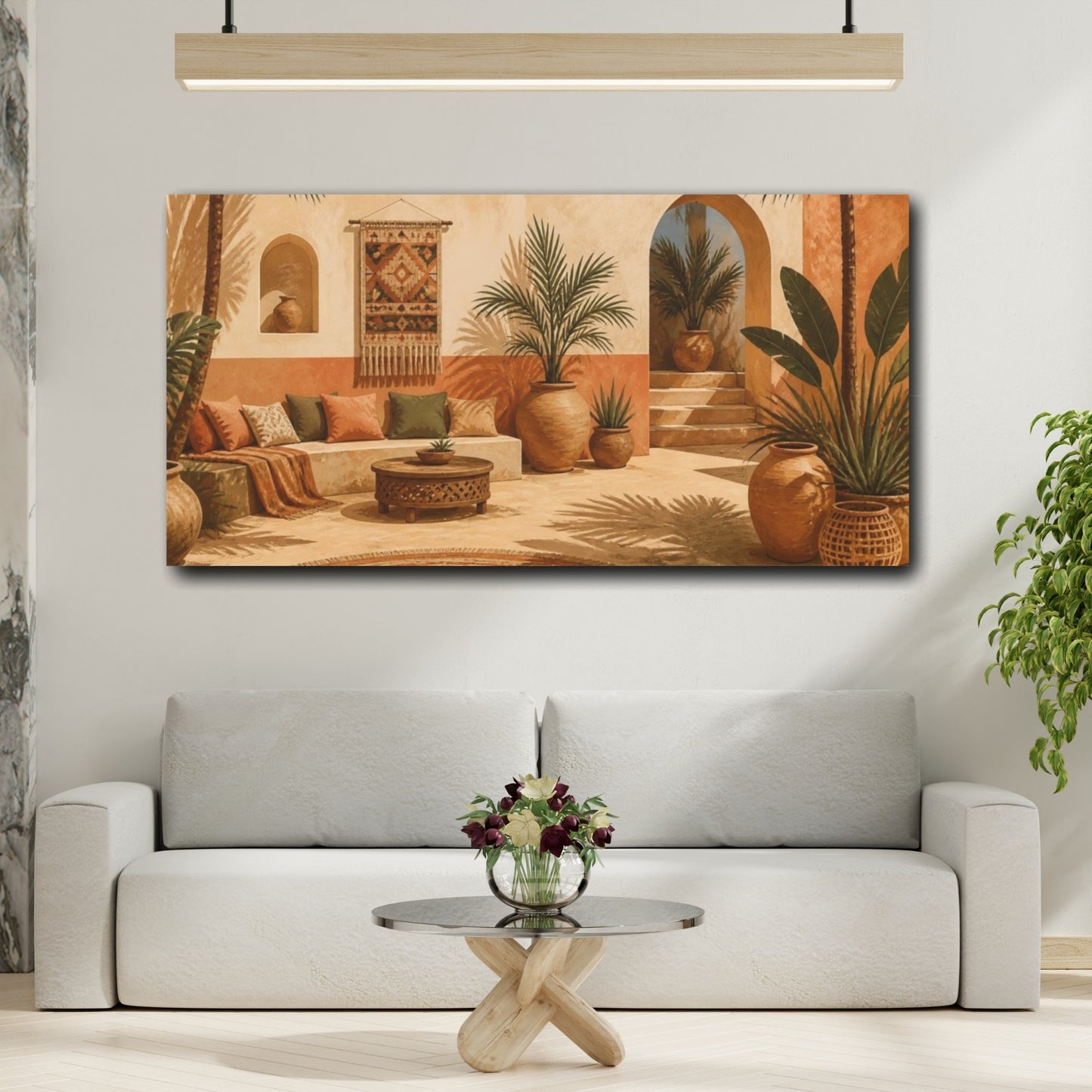 Mockup 2. Boho Palm Courtyard shown as canvas print