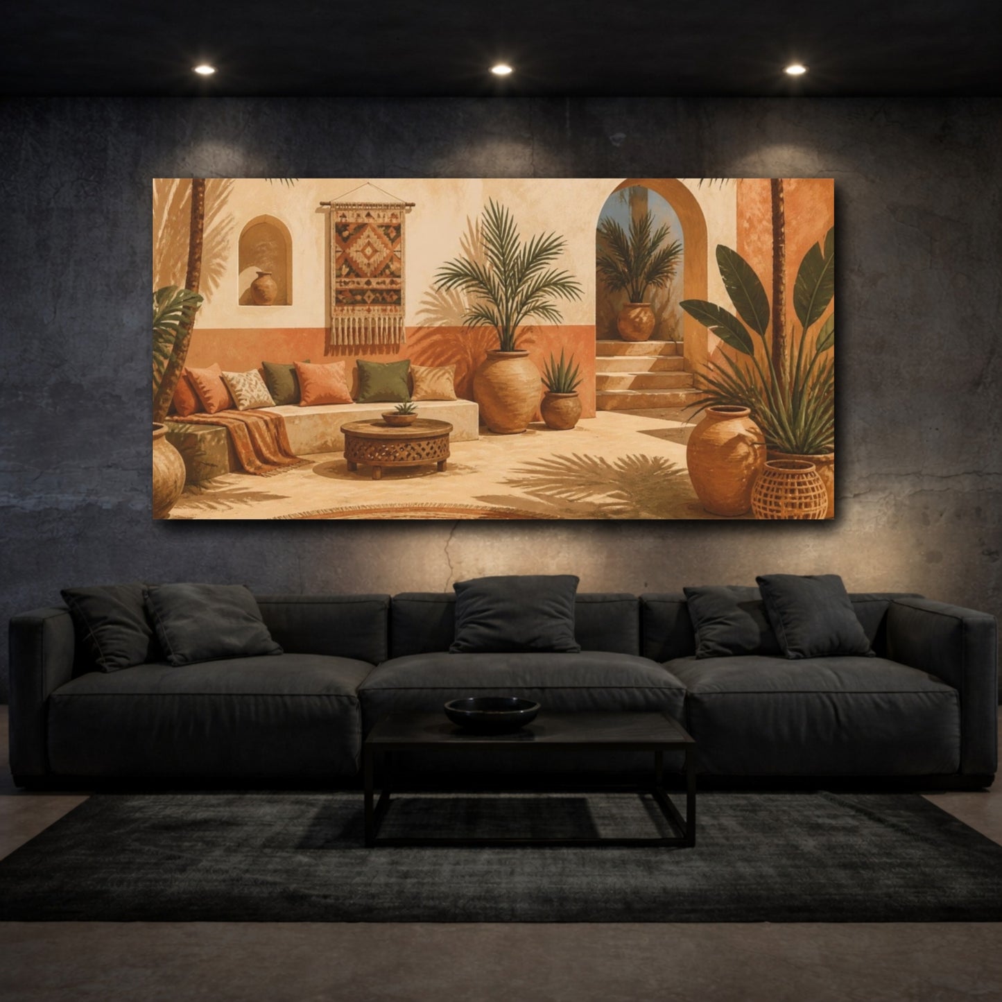 Mockup 3. Boho Palm Courtyard shown as canvas print