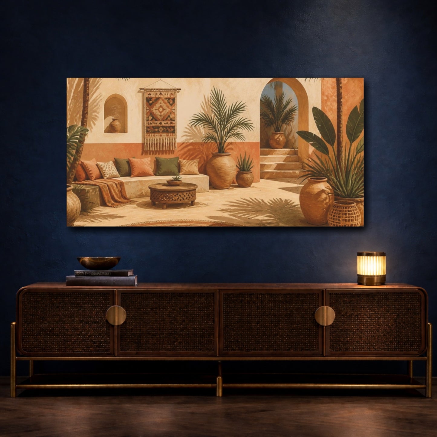 Mockup 4. Boho Palm Courtyard shown as canvas print