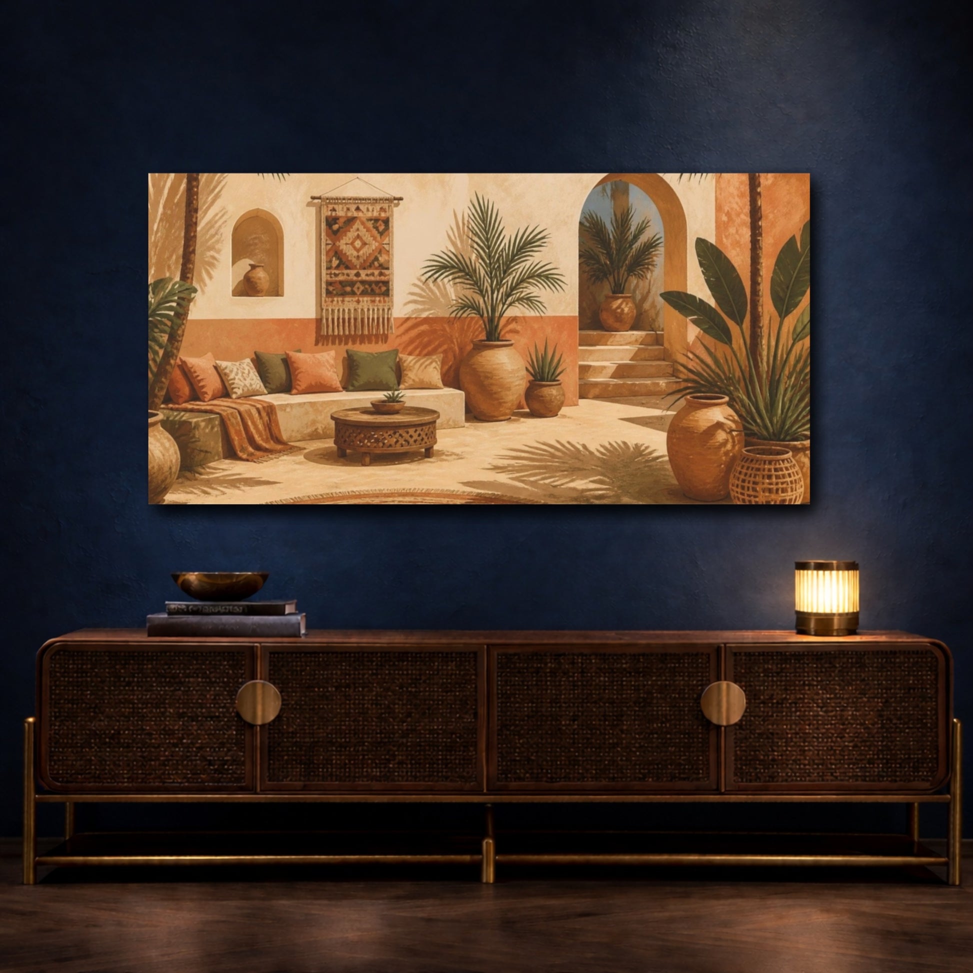 Mockup 4. Boho Palm Courtyard shown as canvas print