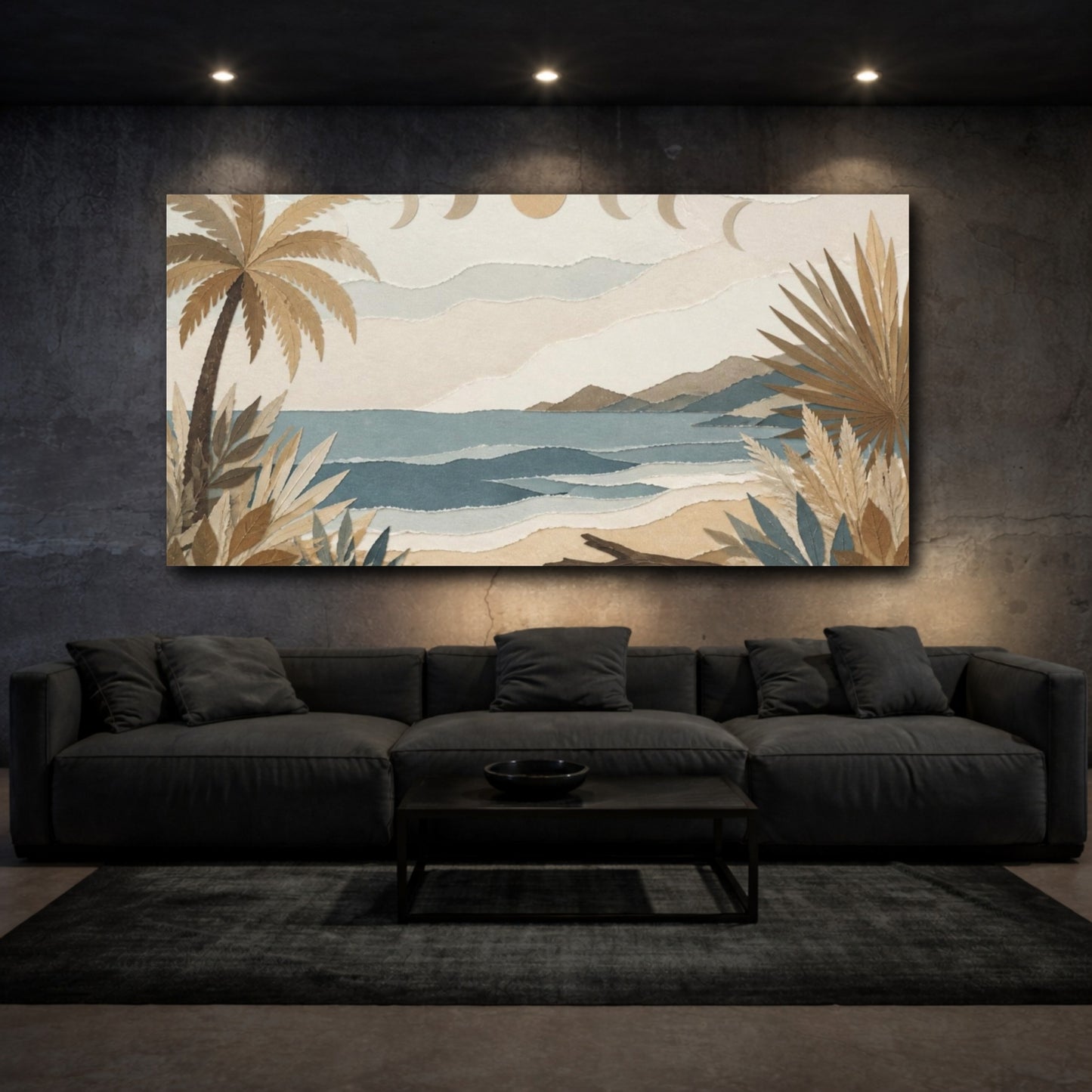 Mockup 3. Boho Palm Shoreline shown as canvas print