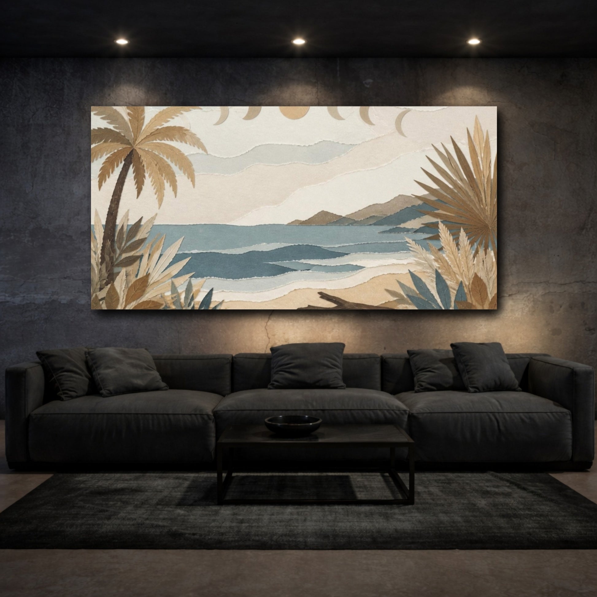 Mockup 3. Boho Palm Shoreline shown as canvas print